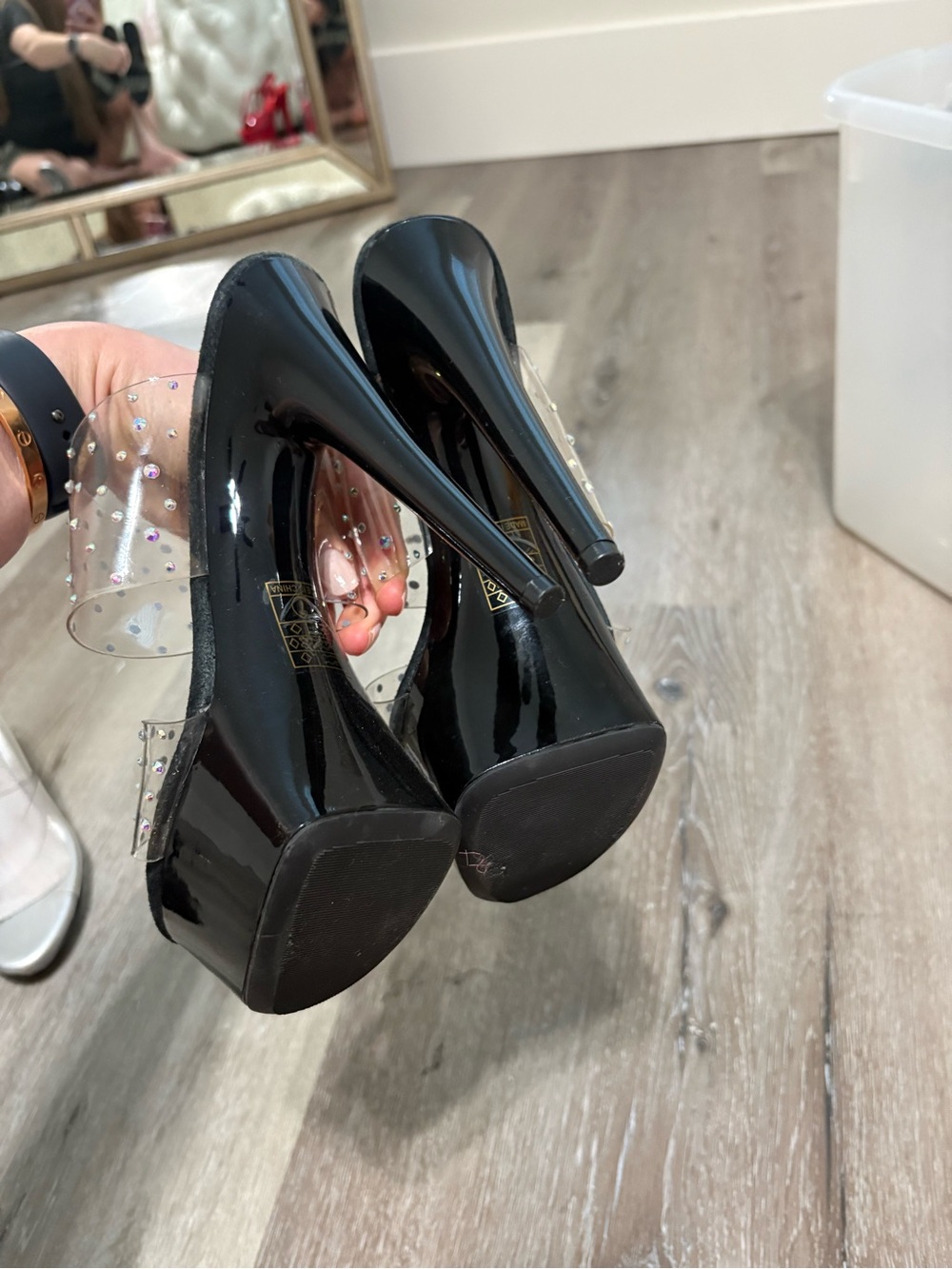 Ellie Black Platform Stiletto Mules with Clear Rhinestone Straps - Picture 6 of 7